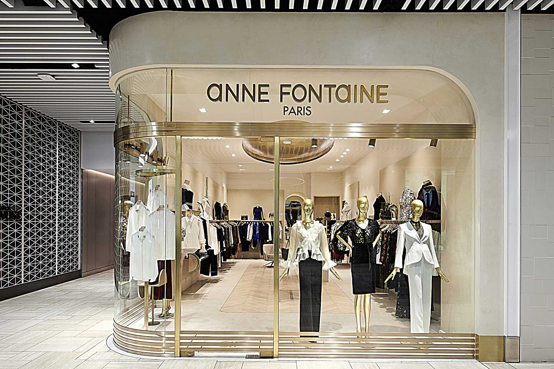 Anne Fontaine boutique in Emporium Melbourne with a gilded ceiling and herringbone floor